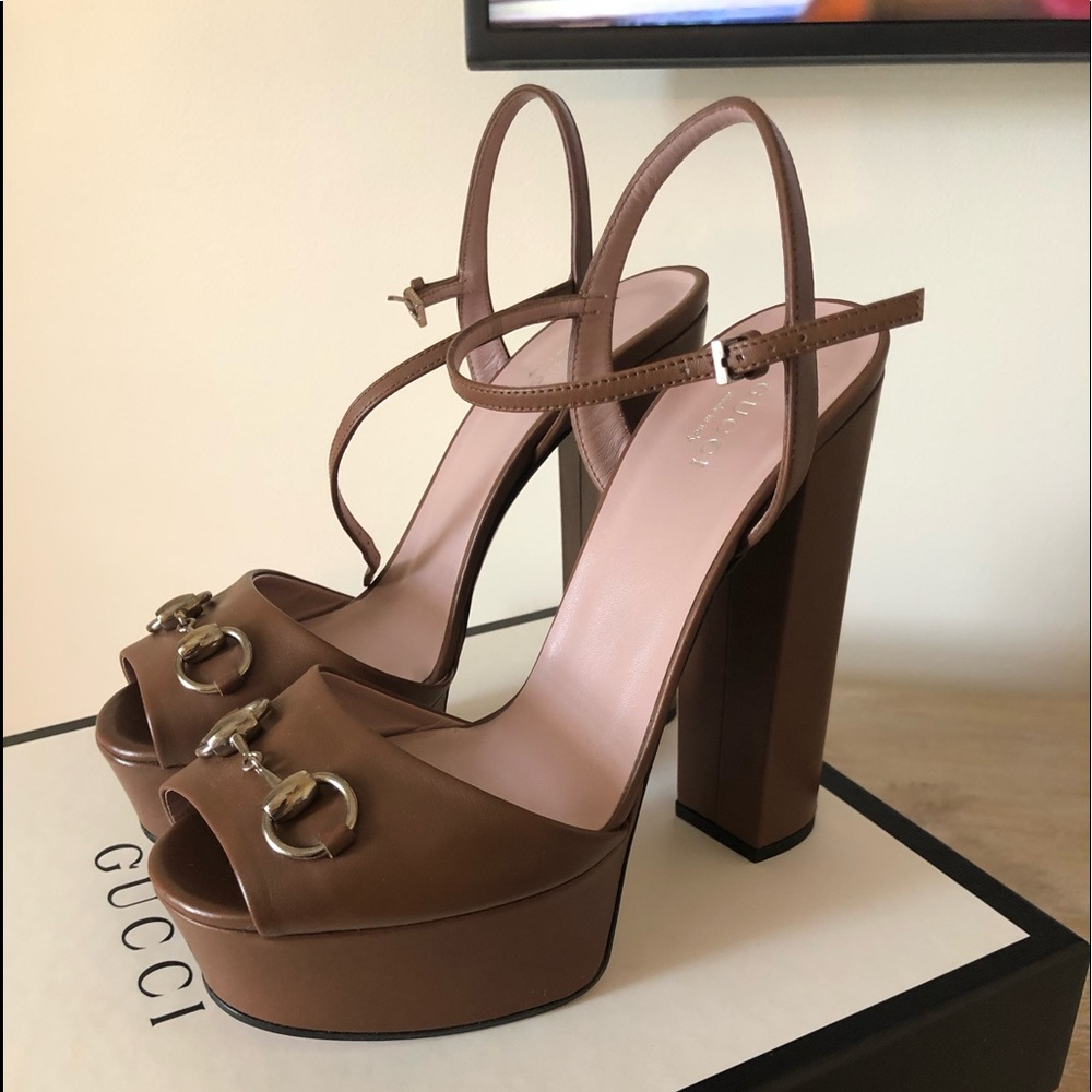 GUCCI Brown Leather Horsebit Block Heel Sandals
